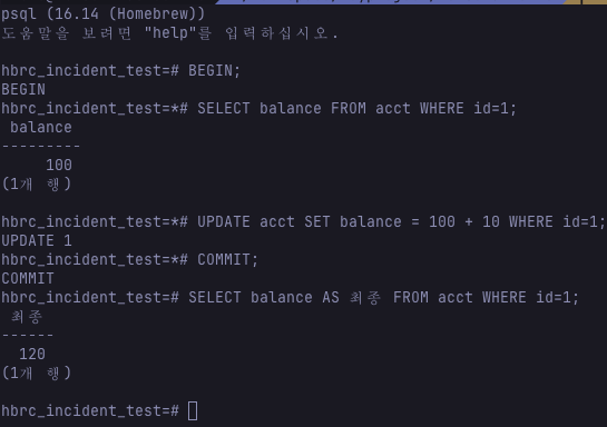 세션 A: 잔액 100을 읽고 100+10=110으로 UPDATE 후 커밋했는데, 마지막 조회에서 최종 잔액이 130이 아니라 120으로 나온다